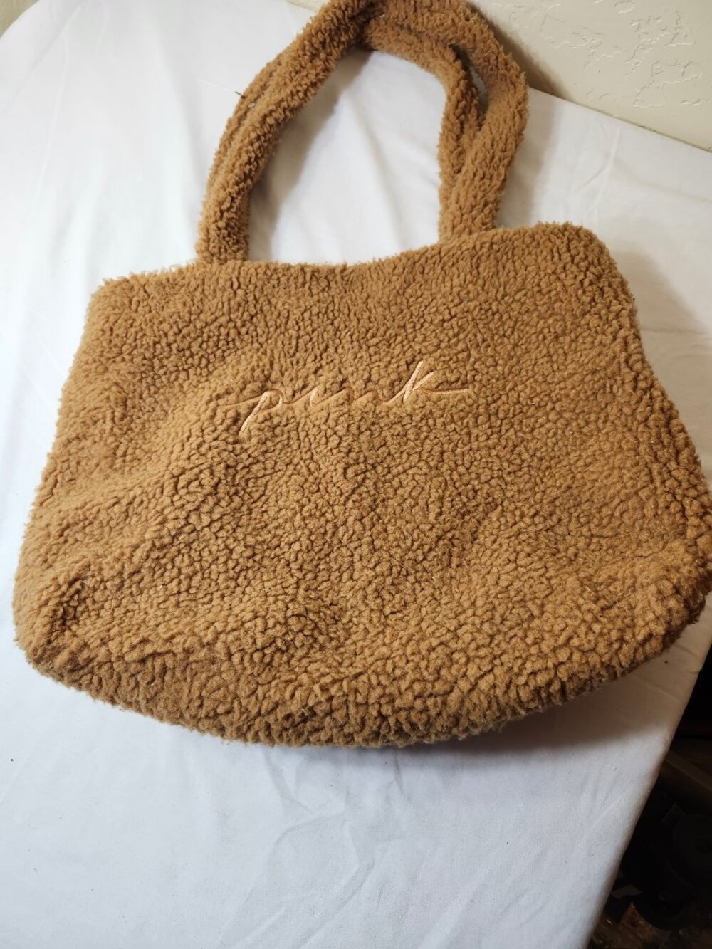 Victoria's Secret Pink Brown Cosy-Plush Sherpa Tote Bag Snap Closure